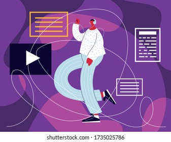 man standing with social media icons vector illustration design