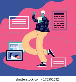man standing with social media icons vector illustration design