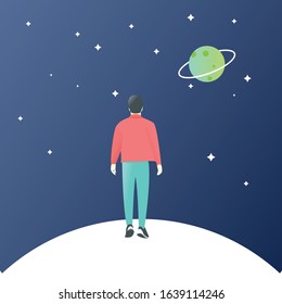 Man Standing in Space and Looking Stars and Planet