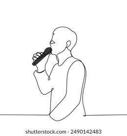 man standing speaking into a microphone - one line art vector. concept speaker, presenter, singer. Handmade vector not AI