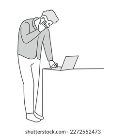 Hombre parado, hablando por teléfono, usando laptop. Ilustración vectorial dibujada a mano.