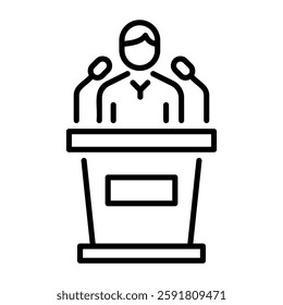 Man standing at speech podium, linear icon