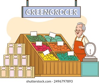 Man standing at the stall of a grocery store or marketplace and selling fruits. Farmer vendor selling food products at the local farmers market. Vector cartoon illustration