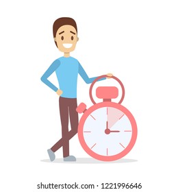 Man standing at the stopwatch clock and smiling. Idea of speed and deadline. Hour measurement. Flat vector illustration