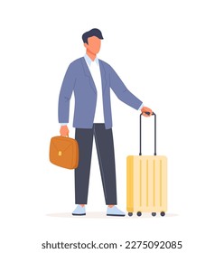 Man standing with a suitcase and holding briefcase. Business people having a business trip. Female character in business travel with a luggage. Flat vector illustration