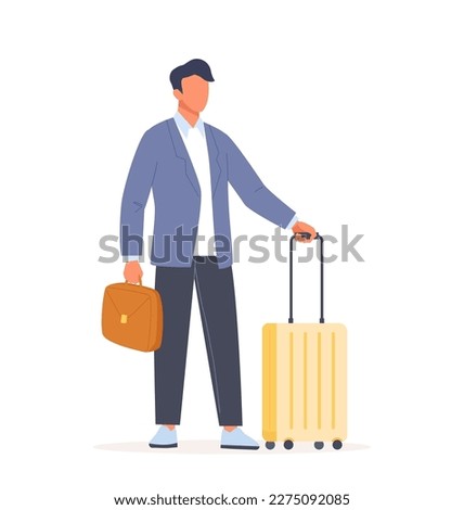 Man standing with a suitcase and holding briefcase. Business people having a business trip. Female character in business travel with a luggage. Flat vector illustration