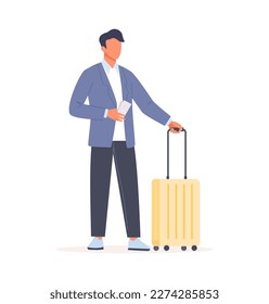 Man standing with a suitcase and holding tickets. Business people having a business trip. Male character in business travel with a luggage. Flat vector illustration