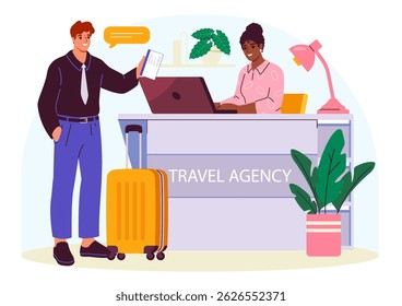 Man standing with suitcase and ticket at a travel agency counter while a woman works on a laptop, colorful flat style on white background. Concept of booking. Vector illustration
