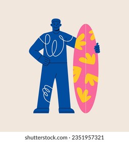 Man standing with surfboard. Colorful vector illustration
