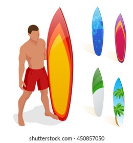 Man is standing with a surfboard in his hands. Flat 3d vector isometric illustration. Extreme water sports.
