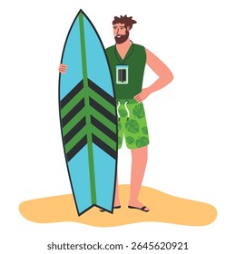Homem de pé com prancha de surfe. Ilustração vetorial de jovem surfista de desenhos animados, eps 10