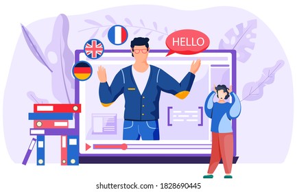 A man standing with a surprised face and his hands raised to his head due to the complexity of the current lesson. On-screen teacher explaining English. Student on an online foreign language class