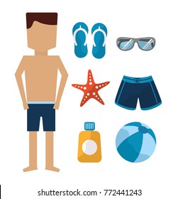 man standing with swimsuit sandals sunglasses starfish ball sunblock