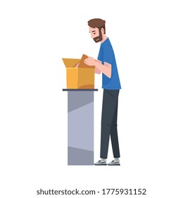 Man Standing at Table Checking Cardboard Box Preparing Goods For Dispatch, Guy Working in Warehouse Cartoon Vector Illustration