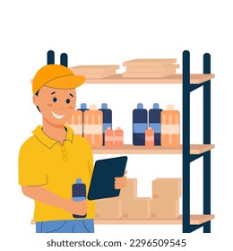 Man standing with tablet near shelf with merchandise, inventory, order picking. Sales Concept. Vector illustration for poster, banner, website, advertising  