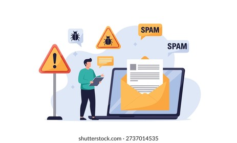 Man standing with a tablet next to a laptop showing an open email while surrounded by various spam malware and security warning icons.
