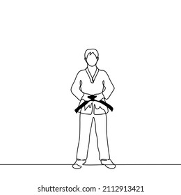 man standing in taekwondo uniform holding black belt - one line drawing vector. concept of taekwondo master 4 dan. owner of black belt is fighter who comprehended technique, morality, etiquette 