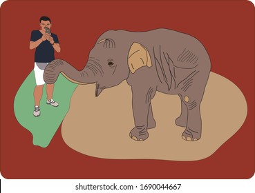 A man is standing and taking photo with mobile phone of baby elephant.