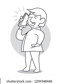 Man standing and talking on the mobile phone. Cartoon vector illustration