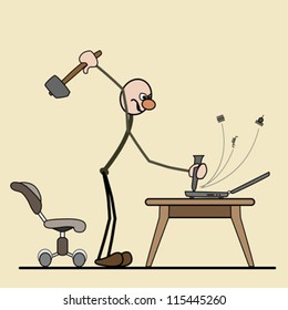 man standing. tapping with a hammer on the computer. parts flying. next chair
