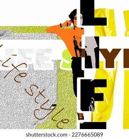 Hombre de pie y texto sobre fondo texturado. estilo de arte de collage contemporáneo