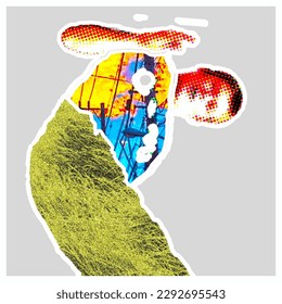 hombre de pie y textura sobre fondo gris. diseño de arte de portada