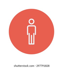 Man standing thin line icon for web and mobile minimalistic flat design. Vector white icon inside the red circle.