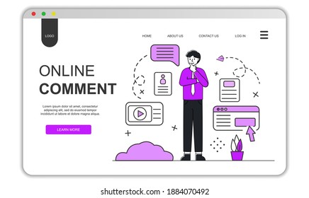 Man standing and thinking about comment. Comments concept landing page. Line style flat.