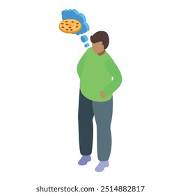 Der Mann steht mit einer Gedankenblase über seinem Kopf, die ein Bild einer Pizza enthält