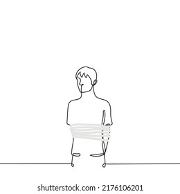 man standing tied with a rope rope - one line drawing vector. concept military prisoner, captive, prisoner; metaphor of mental or legal restrictions, restriction of rights and freedoms, artist