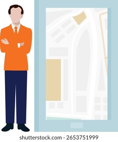 O homem está de pé com um mapa da cidade, estudando-o atentamente, suas rotas de rastreamento dos dedos, cercado por prédios e ruas, sob a luz do sol do meio-dia