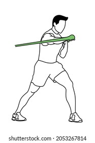 Man standing training one hand press with an elastic. Fitness exercise, posture, gym, muscles. Black line sketch style vector illustration.