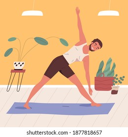 Man standing in triangle pose, practicing yoga vector flat illustration. Smiling male character doing asana at home. Happy guy in parivritta trikonasana position. Yogi enjoy morning physical activity