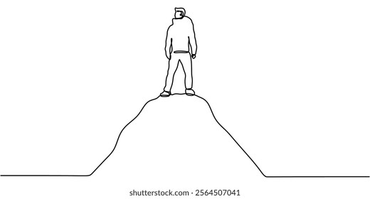 A man standing triumphantly on a hilltop in continuous one line drawing. Depicting success, determination, and reaching milestones. Vector illustration hand drawn.