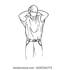 homem de pé em t-shirt e jeans com as mãos na parte de trás da cabeça, cabeça para baixo - mão desenhado linha arte