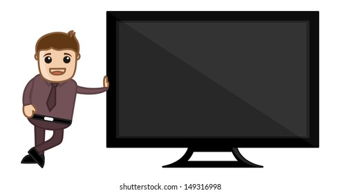 Man Standing with TV - Presentation Concept - Business Cartoons Vectors