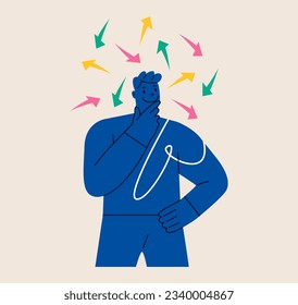 Man standing under arrows coming out of his head symbolizing process thinking. Solving problem, deciding concept. Colorful vector illustration 
