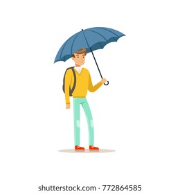 Man standing under blue umbrella flat vector illustration