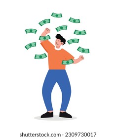 man standing under money rain banknotes falling vector illustration