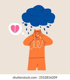 Man standing under a rain with a broken heart. Colorful vector illustration
