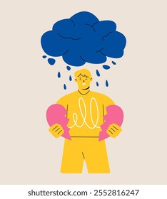 Man standing under a rain with a broken heart. Colorful vector illustration
