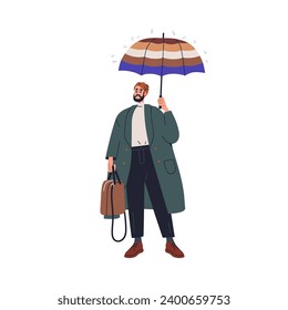 Man standing under umbrella in rain. Business person in coat, holding canopy in hand in rainy weather. Modern office worker with parasol. Flat graphic vector illustration isolated on white background