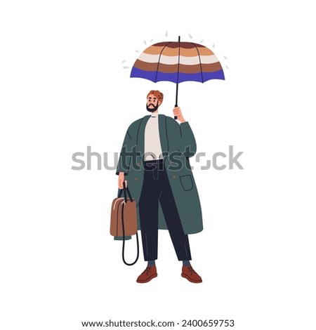 Man standing under umbrella in rain. Business person in coat, holding canopy in hand in rainy weather. Modern office worker with parasol. Flat graphic vector illustration isolated on white background