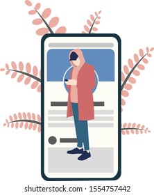 a man standing use cell phone with red hoody coat and telephone in background, vector and illustrator