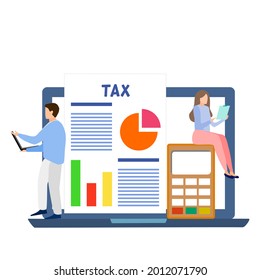 A man standing using laptop a lady sitting on calculator with tax form, tax document payment concept