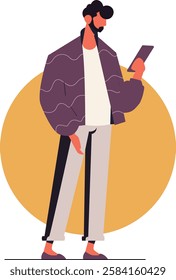 A man standing and using a smartphone for digital communication, mobile app development, or social media marketing. Ideal for technology, networking, and online connection projects