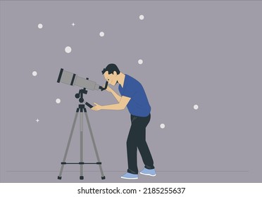 A man standing using telescope to see something in the sky. A Contemporary style. Vector flat design illustration isolated white background. Vertical layout