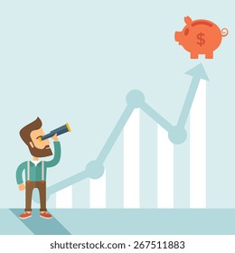 A Man Standing Using Telescope To See The Graph And Piggy Bank Is On The Top Of The Arrow, It Is A Sign Of Progress A Business Sales Is Going Up. Growing Business Concept. A Contemporary Style With