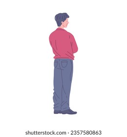 Man standing, view from behind, flat vector illustration isolated on white background. Man looking forward. Museum or gallery visitor.