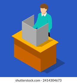 Man standing at voting booth during election. General election concept. 3D isometric illustration.